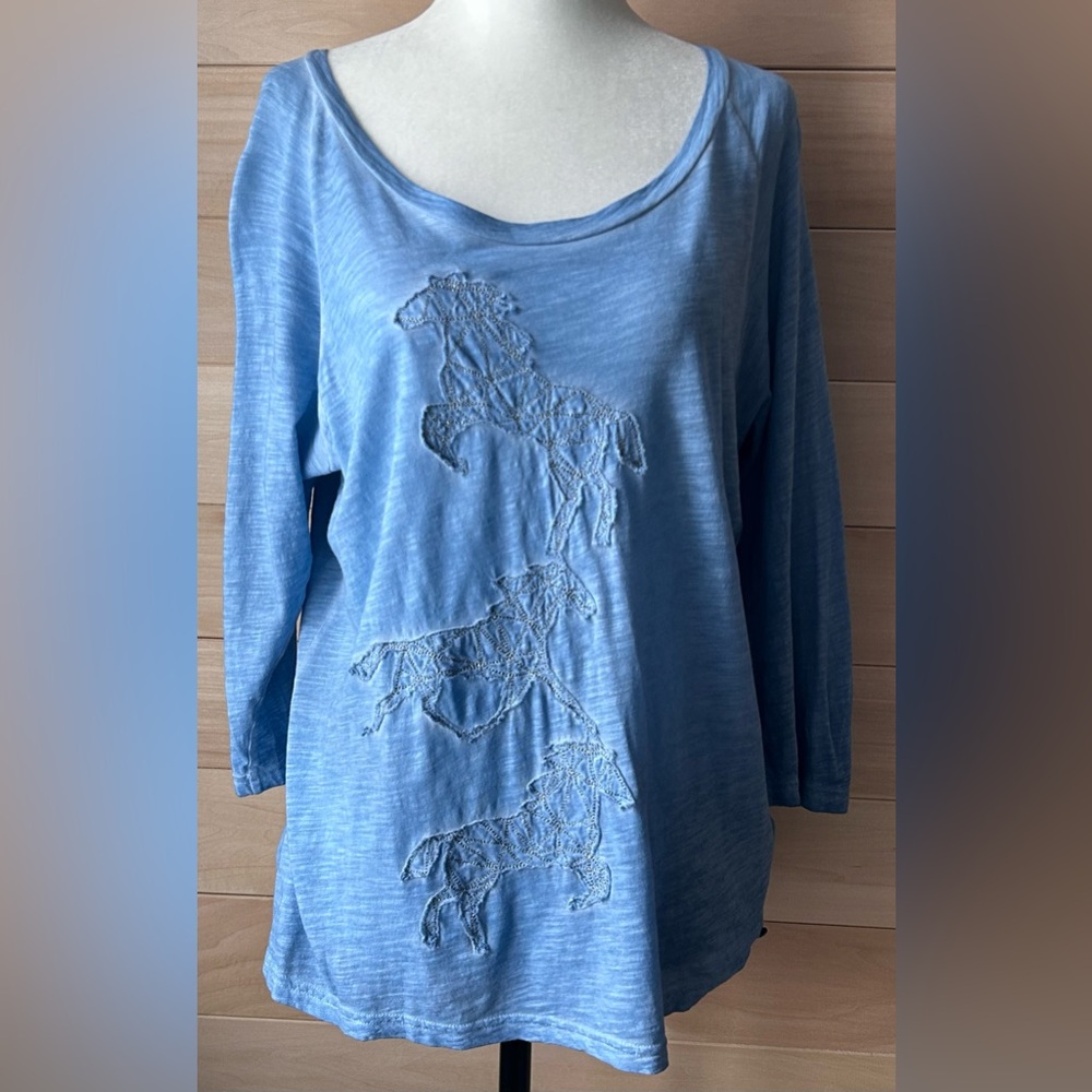 Noble Outfitters Washed Horses Shirt Size Xl Blue equestrian-inspired patchwork